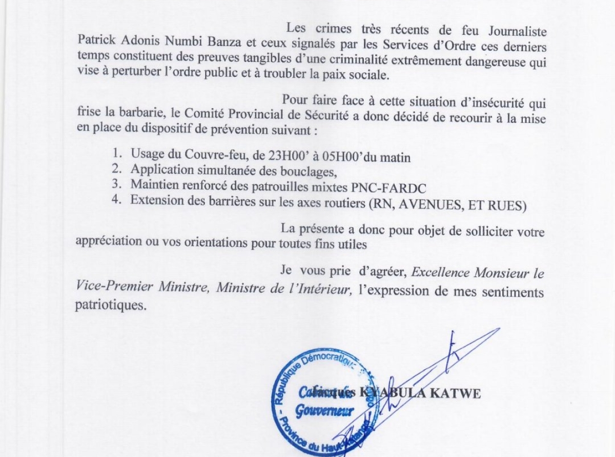 Banditisme à Lubumbashi : couvre-feu, bouclages... décrétés, voici les mesures urgentes prises par Jacques Kyabula [Document]