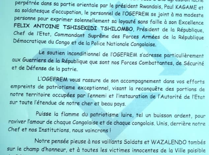 Agression rwandaise : message de soutien de l'OGEFREM au Président Félix Tshisekedi et aux FARDC