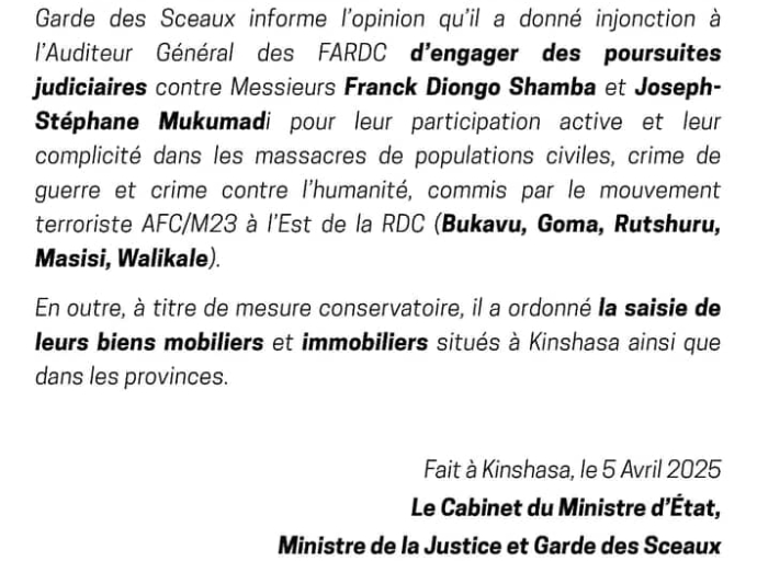 RDC:  Franck Diongo et Joseph Mukumadi dans le viseur de la justice