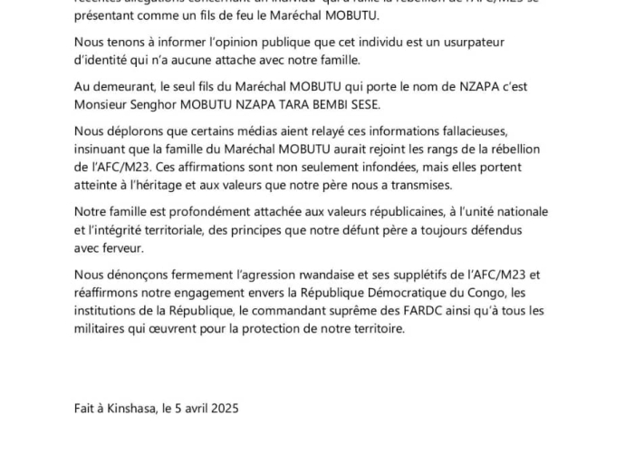 Pseudo adhésion au M23 : la famille Mobutu stoppe l'intox et réaffirme son engagement envers la RDC [COMMUNIQUE]