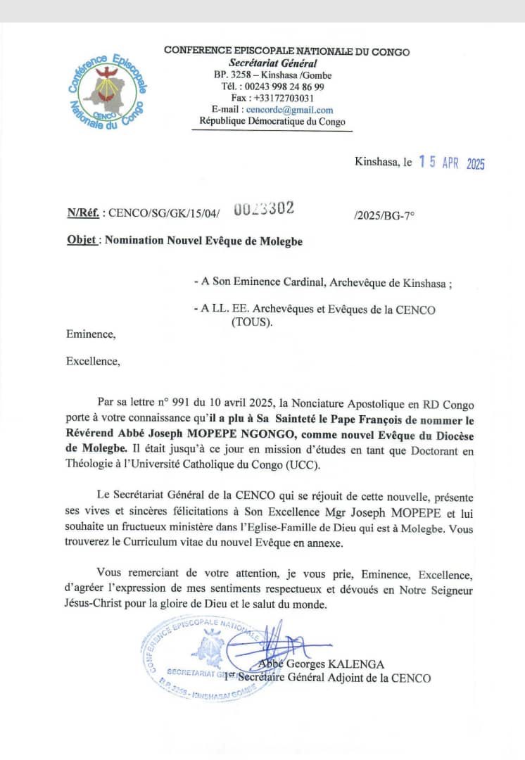 NORD-UBANGI: L'ABBÉ JOSEPH MUPEPE NGONGO NOMMÉ EVEQUE DU DIOCÈSE DE MOLEGBE