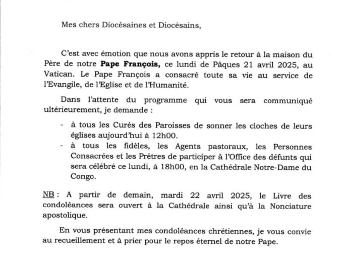 Décès du Pape François : une messe sera organisée ce soir à la Cathédrale Notre-Dame de Fatima [Fridolin Ambongo]