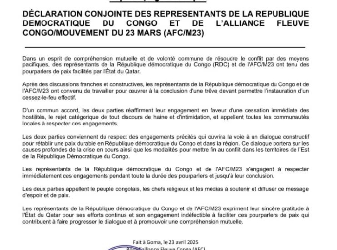 RDC : KINSHASA ET l’AFC/M23 CONVIENNENT DE  TRAVAILLER À UNE TRÊVE LORS DES POURPARLERS