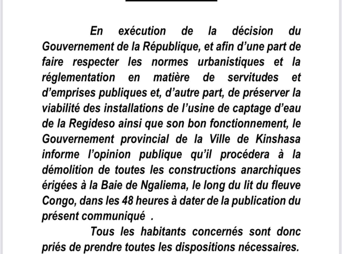 KINSHASA : DESTRUCTION ENDÉANS 48H DES CONSTRUCTIONS ANARCHIQUES ÉRIGÉES DANS LA BAIE DE NGALIEMA [Hôtel de Ville]