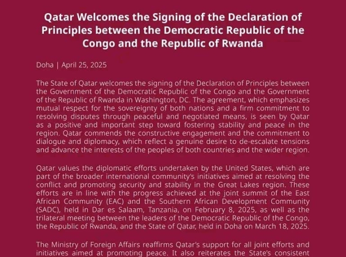Accord RDC-Rwanda : Le Qatar salue une avancée diplomatique majeure
