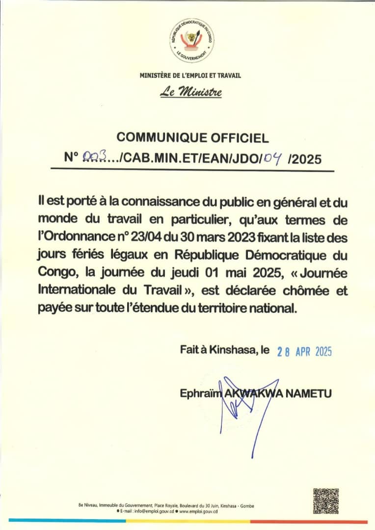 RDC: LA JOURNÉE DU 1er MAI DÉCLARÉE CHÔMÉE ET PAYÉE
