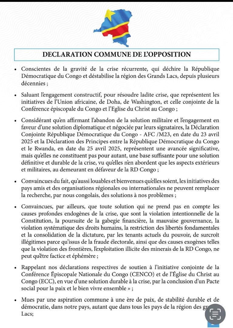 RDC : DANS UNE DÉCLARATION COMMUNE, L'OPPOSITION PLAIDE POUR LE DIALOGUE INCLUSIF