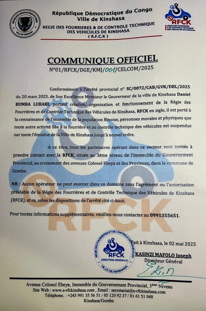 KINSHASA : TOUTE ACTIVITÉ LIÉE A LA FOURRIÈRE ET CONTRÔLE TECHNIQUE SUSPENDUE