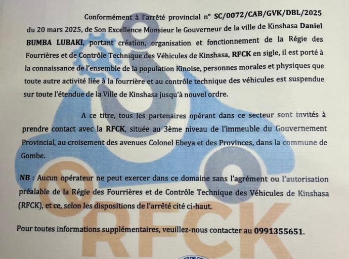KINSHASA : TOUTE ACTIVITÉ LIÉE A LA FOURRIÈRE ET CONTRÔLE TECHNIQUE SUSPENDUE
