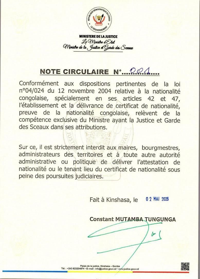 RDC: LA DÉLIVRANCE DE L'ATTESTATION DE NATIONALITE RESTE L'EXCLUSIVITÉ DU MINISTÈRE DE LA JUSTICE
