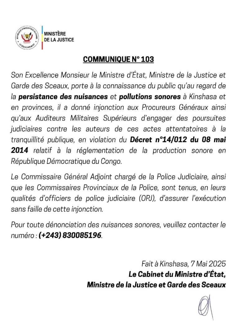 Nuisance Sonore à Kinshasa : Constant Mutamba passe à la vitesse supérieure