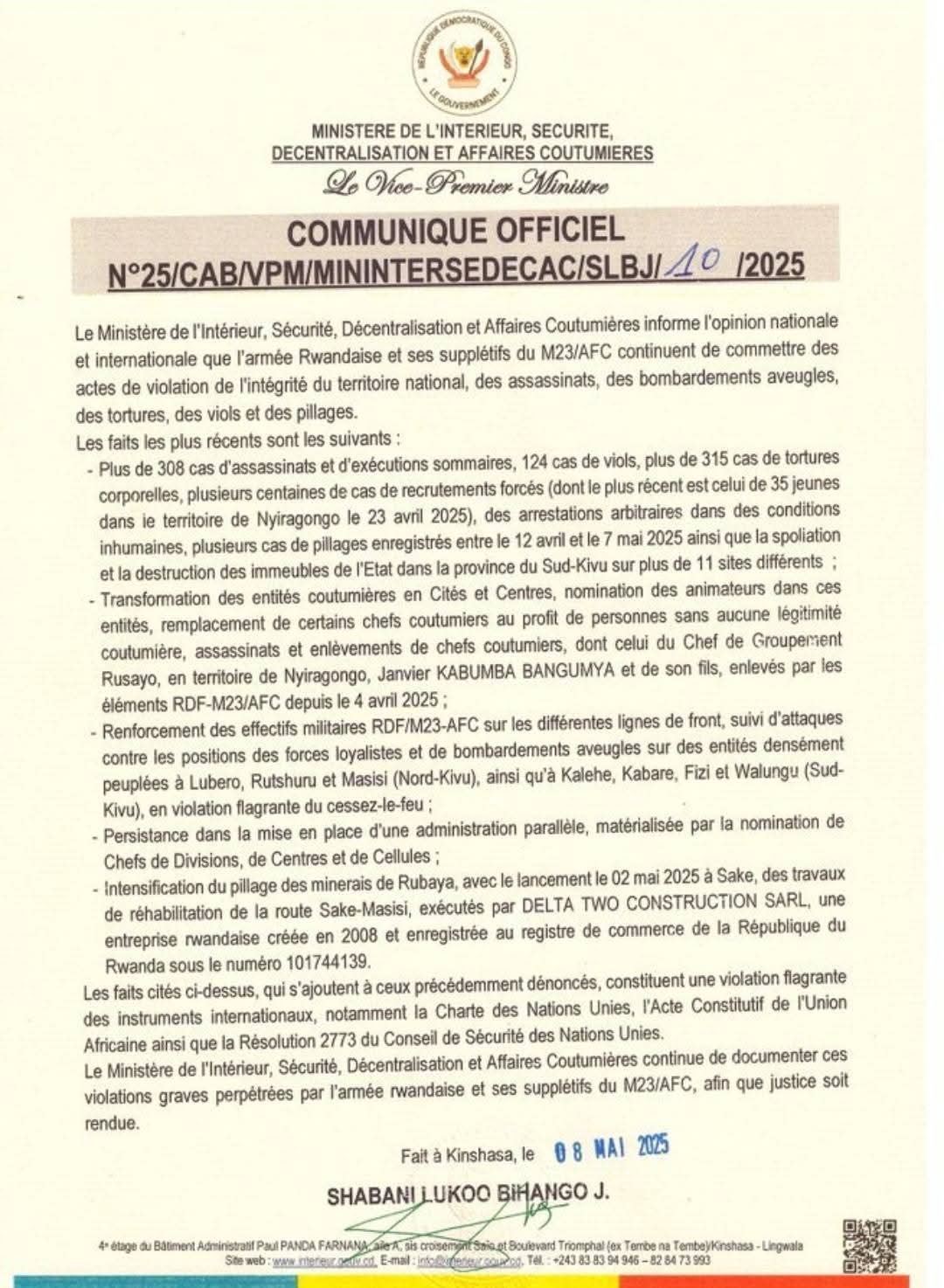 RDC: KINSHASA DENONCE LES VIOLATIONS GRAVES DE L'ARMÉE RWANDAISE ET DU M23/AFC