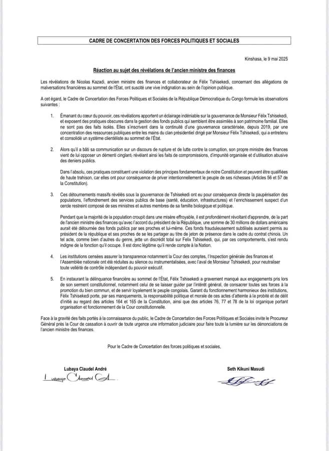 RDC: REVELATIONS EXPLOSIVES DE NICOLAS KAZADI, OPPOSITION EXIGE JUSTICE