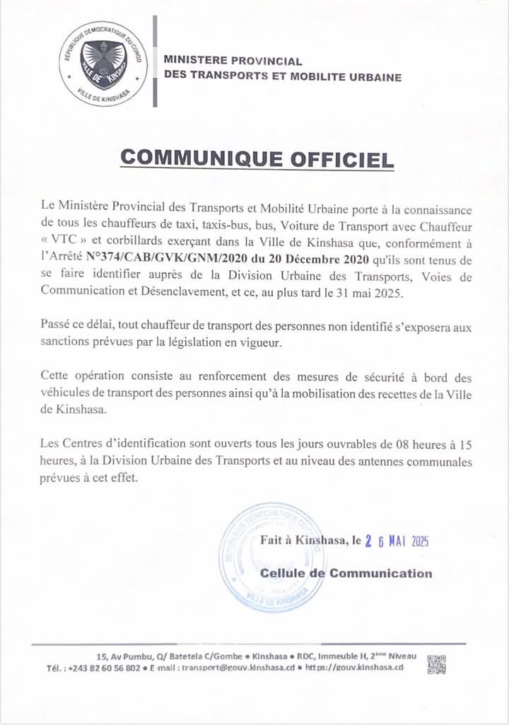 KINSHASA : IDENTIFICATION OBLIGATOIRE DE CHAUFFEURS DE TAXIS, TAXIS-BUS ET CORBILLARDS JUSQU'AU 31 MAI