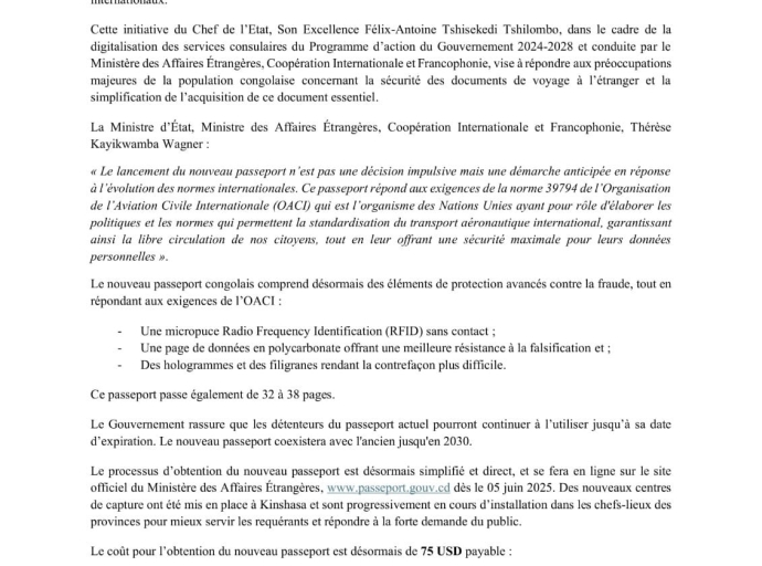 RDC: MISE EN PLACE D'UN NOUVEAU PASSEPORT BIOMÉTRIQUE