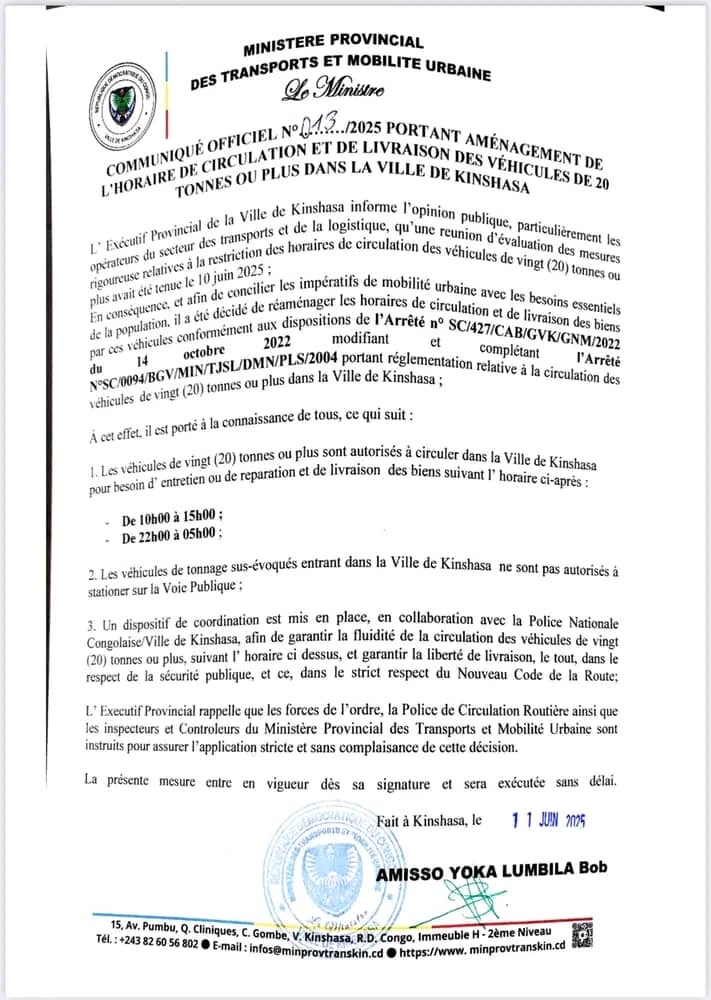 KINSHASA : VOICI LES NOUVEAUX HORAIRES RÉAMÉNAGÉS POUR LES CAMIONS DE 20 TONNES OU PLUS
