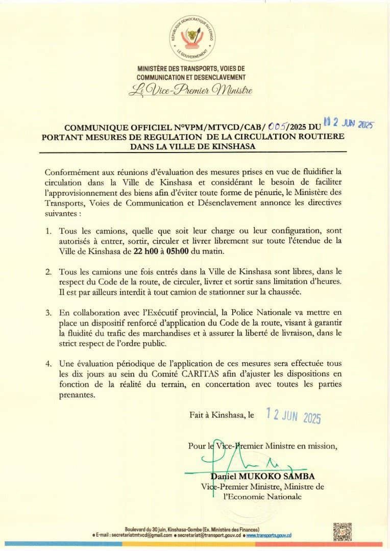 CIRCULATION DES POIDS LOURDS A KINSHASA : MUKOKO SAMBA ASSOUPLIT LES MESURES PRISES PAR L'HÔTEL DE VILLE
