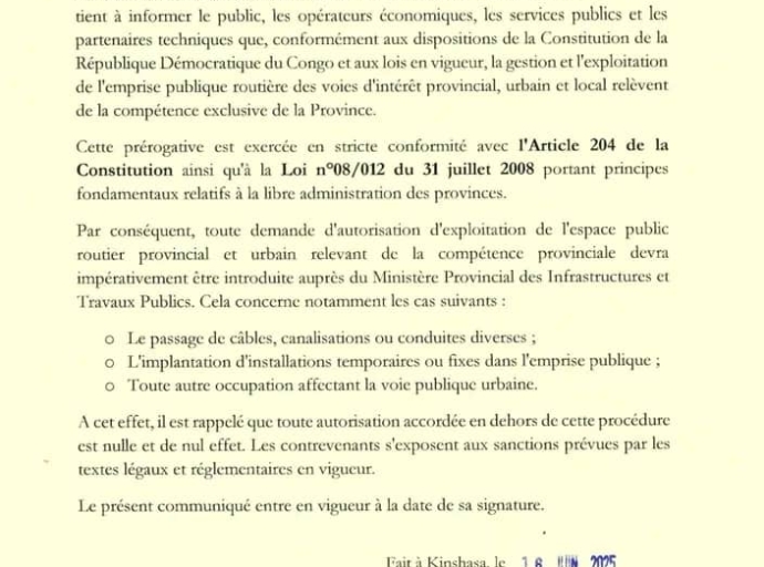 EXPLOITATION DE L'EMPRISE PUBLIQUE ROUTIÈRE A KINSHASA : LE MINISTRE PROVINCIAL DES INFRASTRUCTURES FIXE L'OPINION