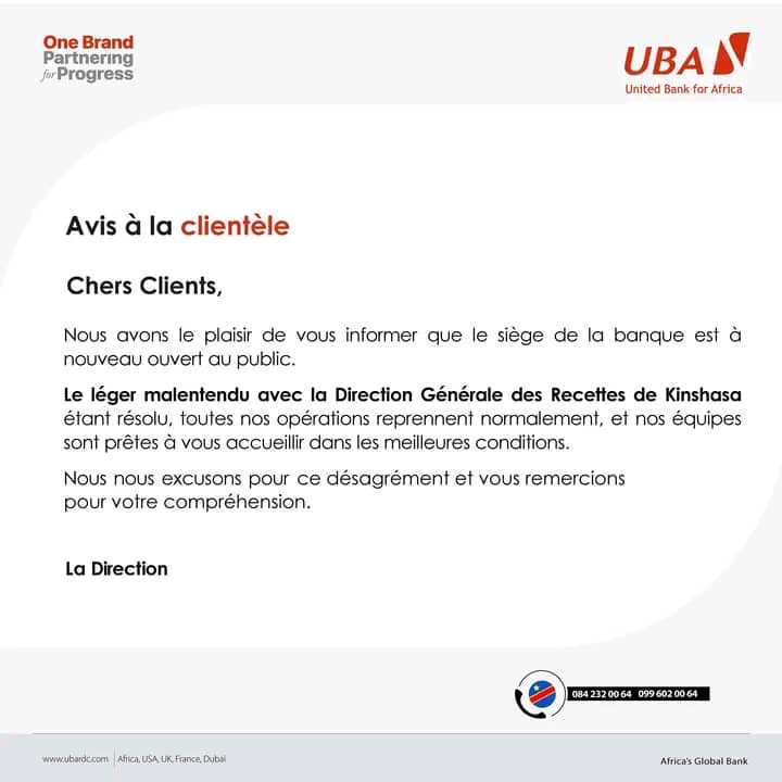 KINSHASA : RÉOUVERTURE DU SIÈGE DE LA BANQUE UBA APRÈS UN COURT DIFFÉREND AVEC LA DGRK