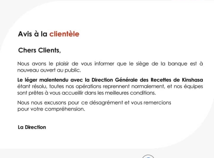 KINSHASA : RÉOUVERTURE DU SIÈGE DE LA BANQUE UBA APRÈS UN COURT DIFFÉREND AVEC LA DGRK