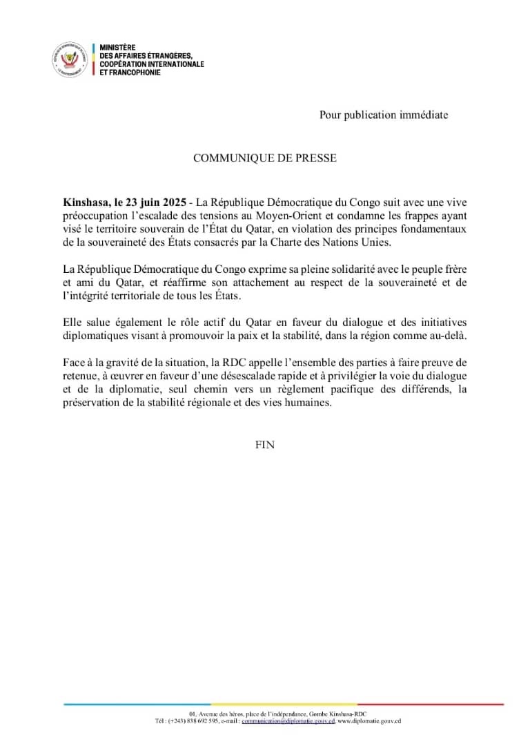 LA RDC RÉAGIT AUX FRAPPES IRANIENNES CONTRE LE QATAR ET APPELLE A LA DÉSESCALADE AU MOYEN-ORIENT
