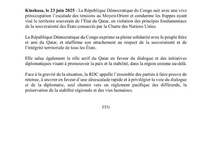 LA RDC RÉAGIT AUX FRAPPES IRANIENNES CONTRE LE QATAR ET APPELLE A LA DÉSESCALADE AU MOYEN-ORIENT