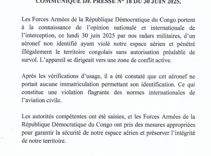 VIOLATION DE L'ESPACE AÉRIEN CONGOLAIS PAR UN AÉRONEF NON IDENTIFIÉ