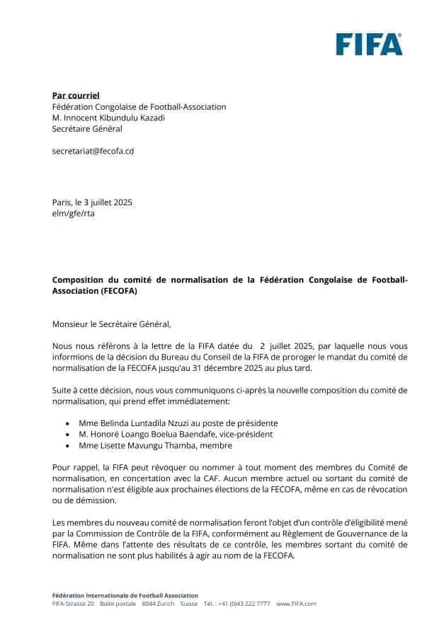 SPORT/RDC: FECOFA, LA FIFA NOMME UN NOUVEAU COMITÉ DE NORMALISATION À LA TÊTE DE LA FECOFA