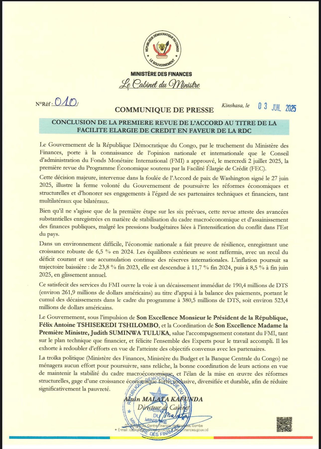 RDC: LE FMI APPROUVE LA REVUE DE L'ACCORD DE LA FACILITÉ ÉLARGIE DE CRÉDIT