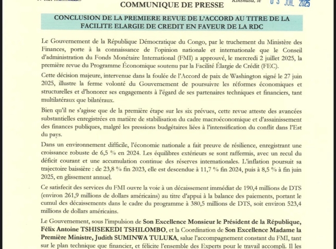 RDC: LE FMI APPROUVE LA REVUE DE L'ACCORD DE LA FACILITÉ ÉLARGIE DE CRÉDIT 