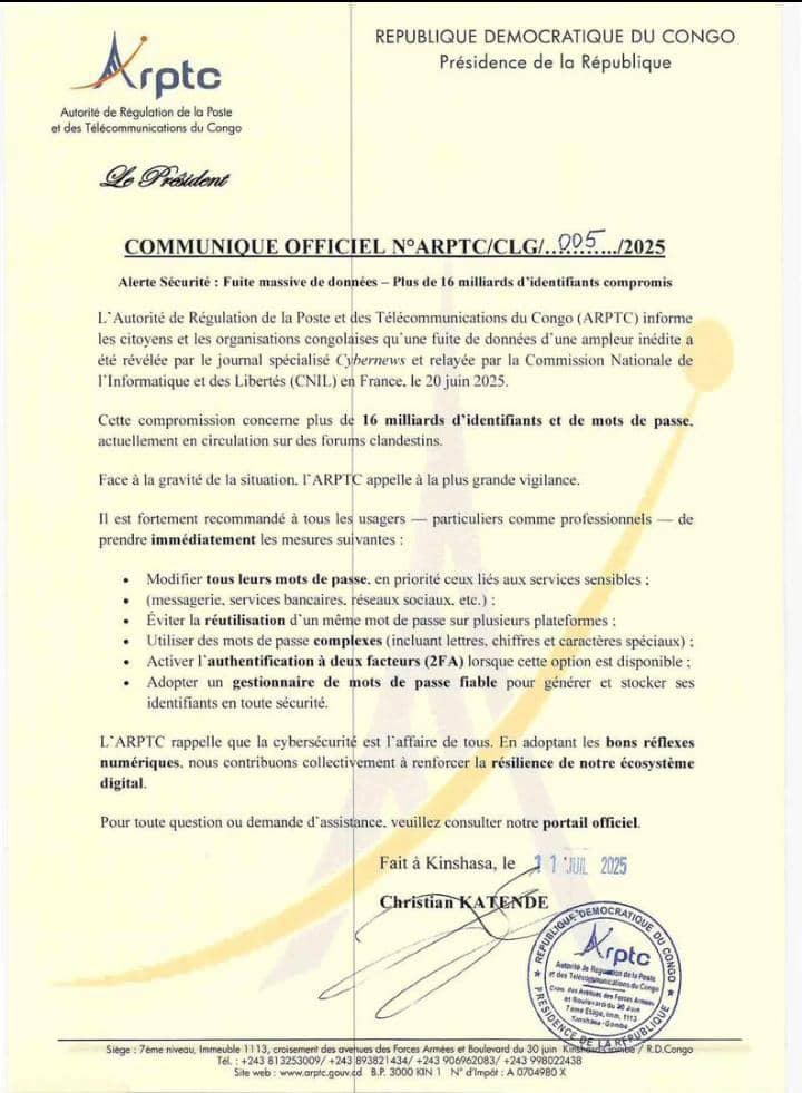 CYBERSÉCURITÉ : L’ARPTC ALERTE SUR UNE FUITE MASSIVE DE DONNÉES IMPLIQUANT PLUS DE 16 MILLARDS D'IDENTIFIANTS 