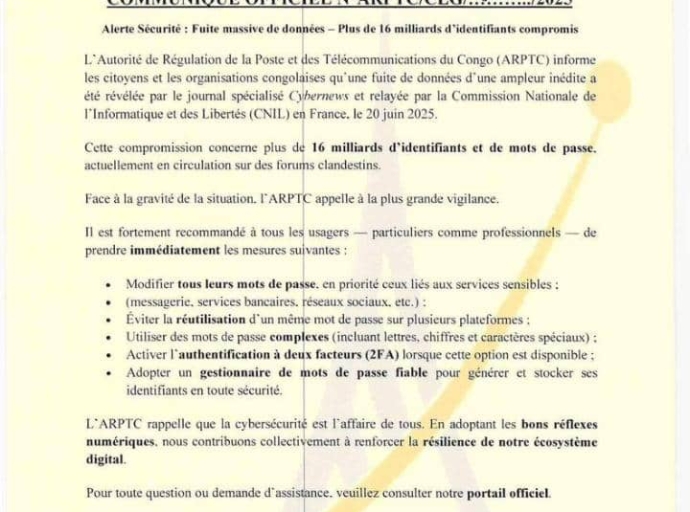 CYBERSÉCURITÉ : L’ARPTC ALERTE SUR UNE FUITE MASSIVE DE DONNÉES IMPLIQUANT PLUS DE 16 MILLARDS D'IDENTIFIANTS 