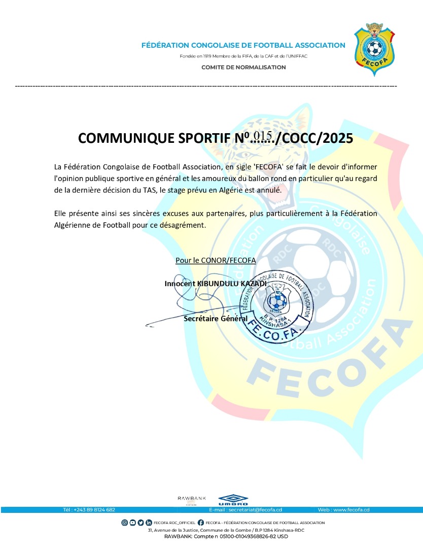SPORT/RDC: STAGE DES LÉOPARDS A PRIMES EN ALGÉRIE ANNULER !