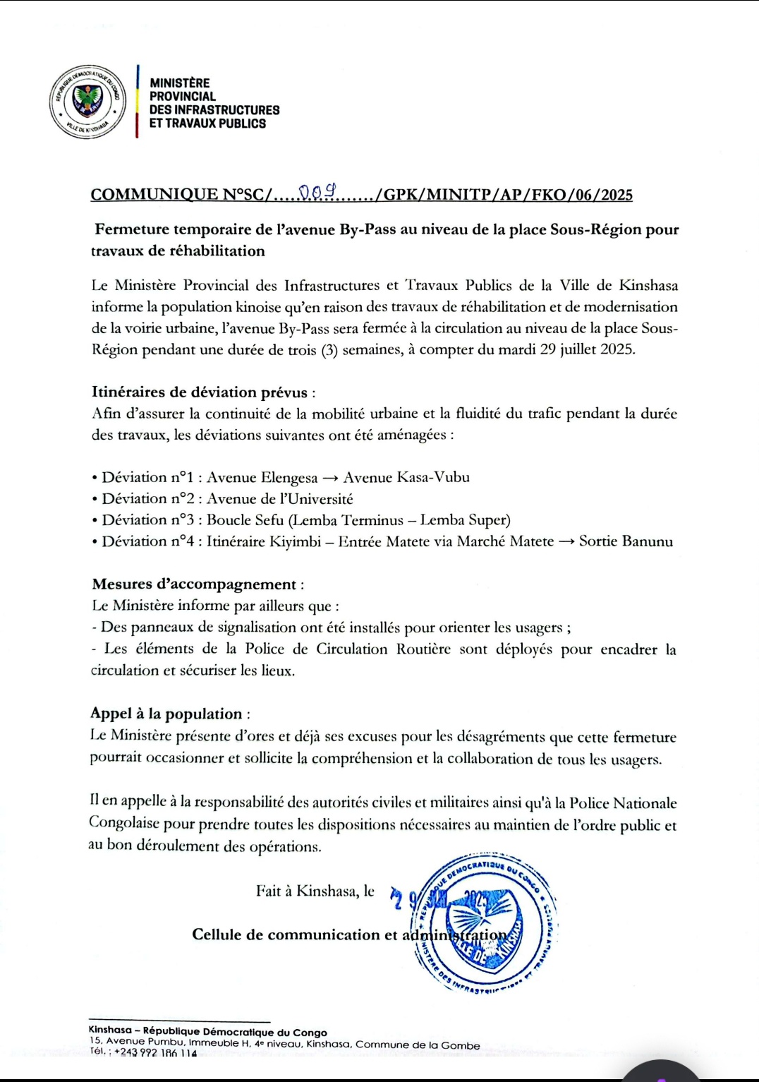 KINSHASA : FERMETURE DE L'AVENUE BY-PASS PENDANT TROIS SEMAINES POUR RÉHABILITATION