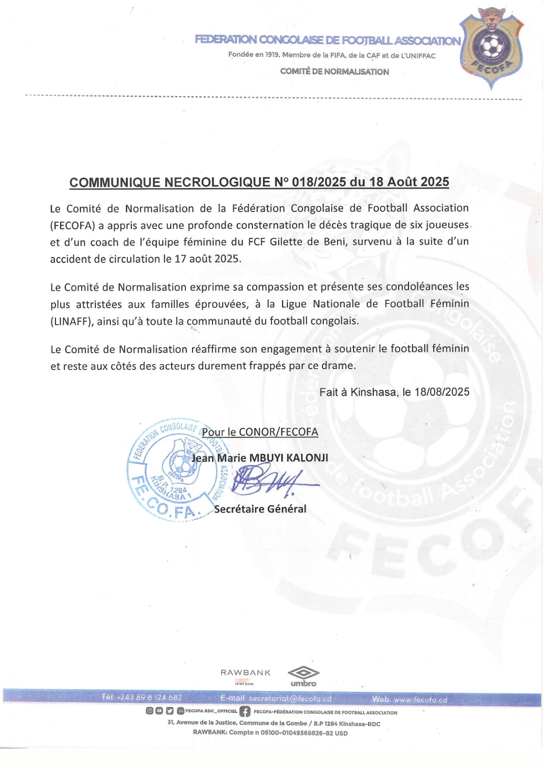 SPORT/RDC: LE FOOTBALL FÉMININ EST EN DEUIL