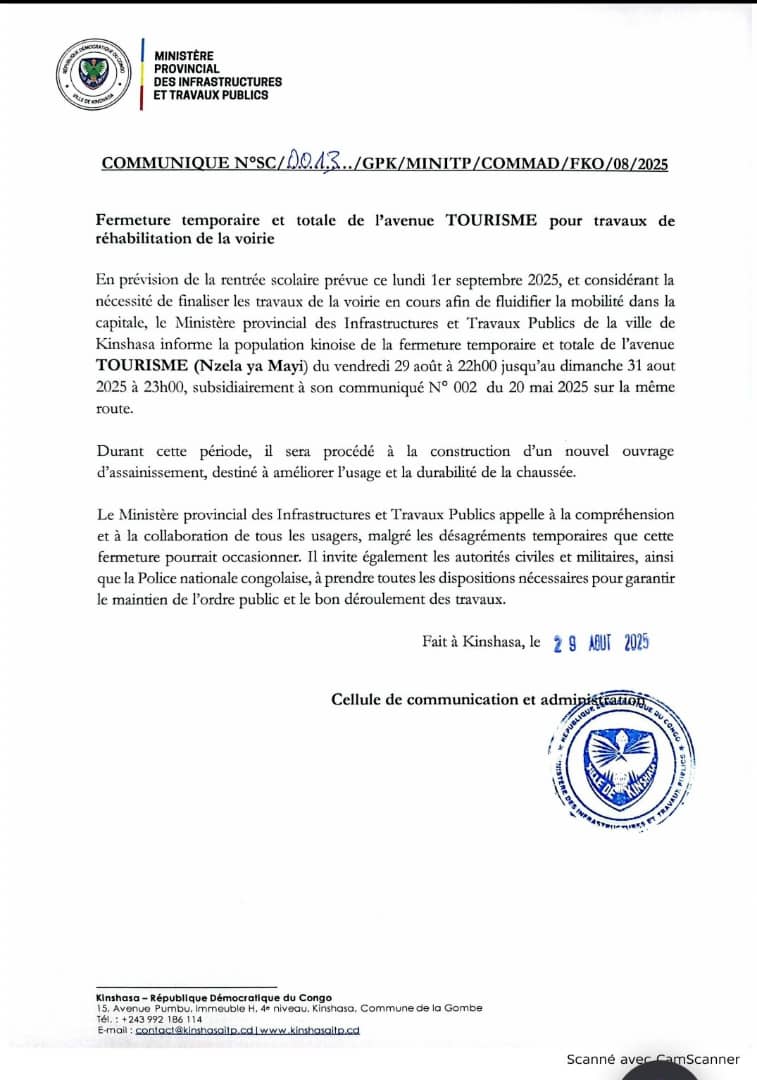 KINSHASA : FERMETURE TEMPORAIRE DE L'AVENUE TOURISME POUR LES TRAVAUX DE RÉHABILITATION