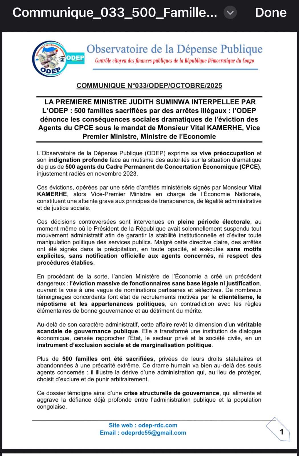 RDC: L’ODEP DÉNONCE L'EVICTION ILLÉGALE DE 500 AGENTS DU CPCE SOUS VITAL KAMERHE