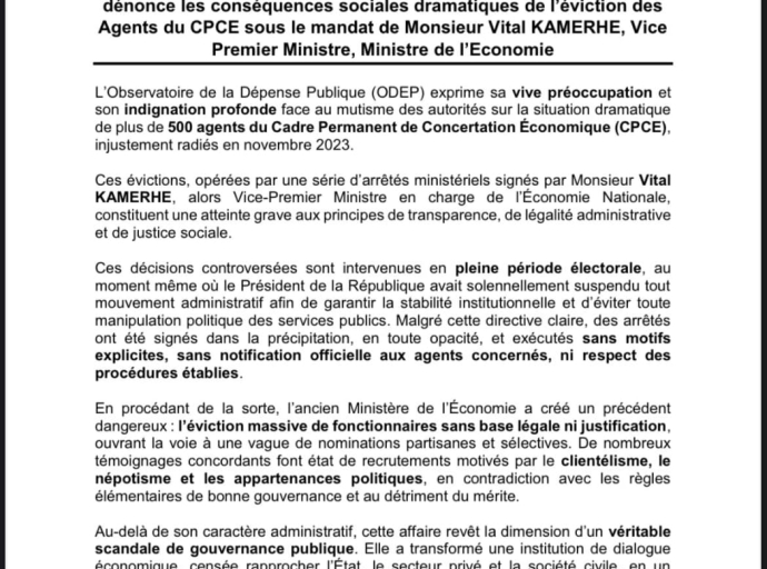 RDC: L’ODEP DÉNONCE L'EVICTION ILLÉGALE DE 500 AGENTS DU CPCE SOUS VITAL KAMERHE
