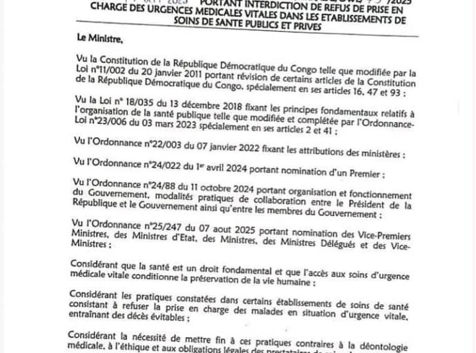 URGENCES MÉDICALES : TOLÉRANCE ZÉRO AU REFUS DE SOINS EN RDC