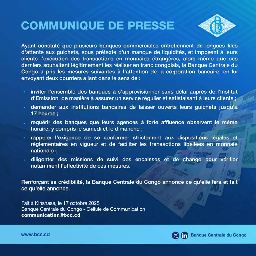 RDC : LA BANQUE CENTRALE DU CONGO MET EN GARDE LES BANQUES COMMERCIALES