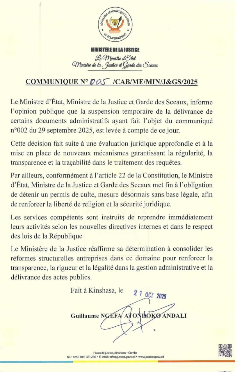 RDC : GUILLAUME NGEFA LÈVE LA SUSPENSION DE LA DÉLIVRANCE DES DOCUMENTS ADMINISTRATIFS ET ABOLIT LE PERMIS DE CULTE