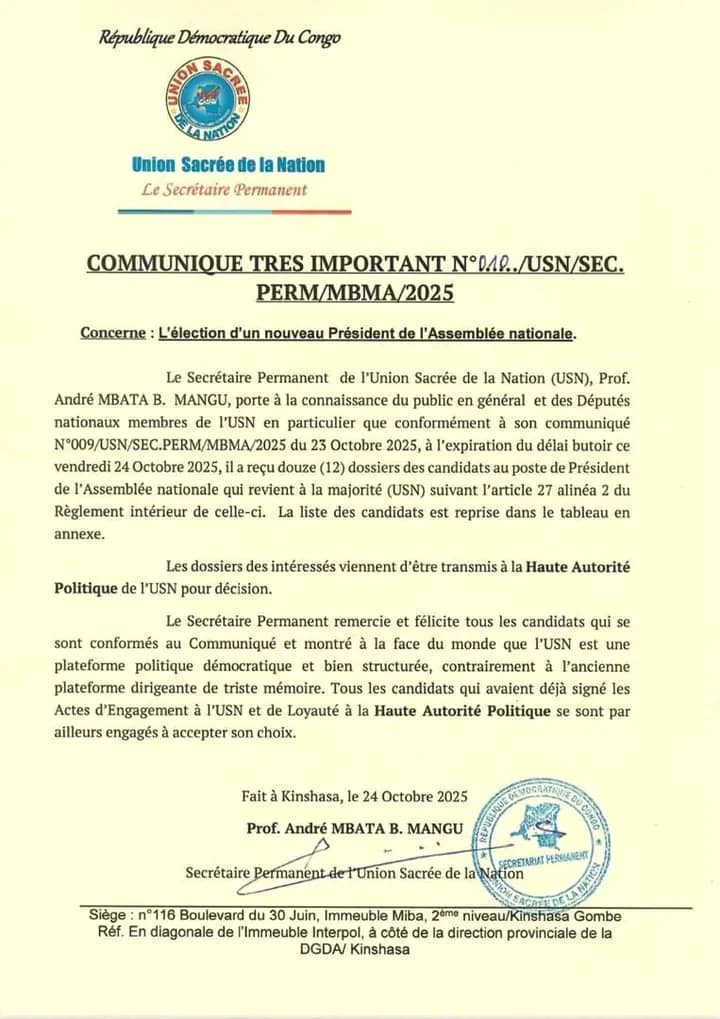 ÉLECTION DU PRÉSIDENT DE L'ASSEMBLÉE NATIONALE : 12 CANDIDATURES DÉPOSÉES AU SECRÉTARIAT PERMANENT DE L'UNION SACRÉE DE LA NATION