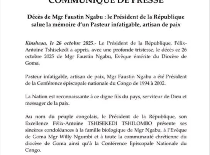 RDC: LE PRÉSIDENT TSHISEKEDI REND HOMMAGE À Mgr FAUSTIN NGABU