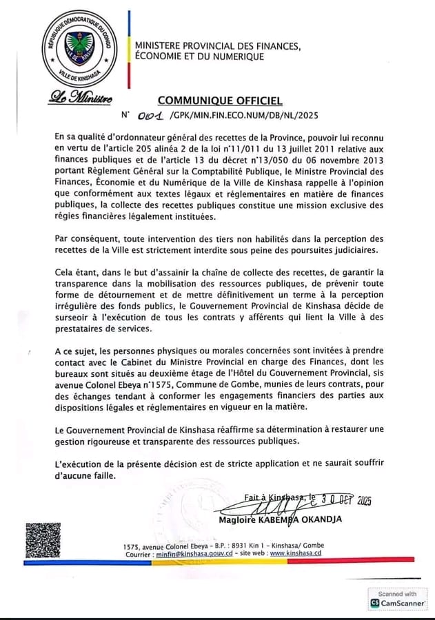 KINSHASA : LE GOUVERNEMENT PROVINCIAL INTERDIT TOUTE INTERVENTION ILLÉGALE DANS LA COLLECTE DES RECETTES PUBLIQUES