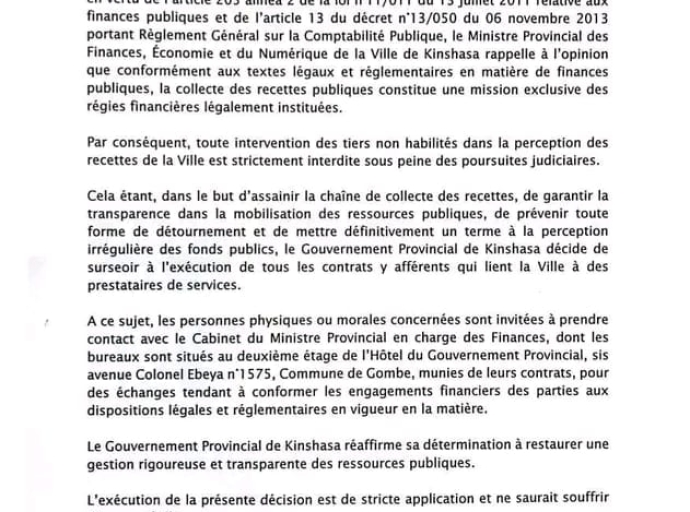 KINSHASA : LE GOUVERNEMENT PROVINCIAL INTERDIT TOUTE INTERVENTION ILLÉGALE DANS LA COLLECTE DES RECETTES PUBLIQUES