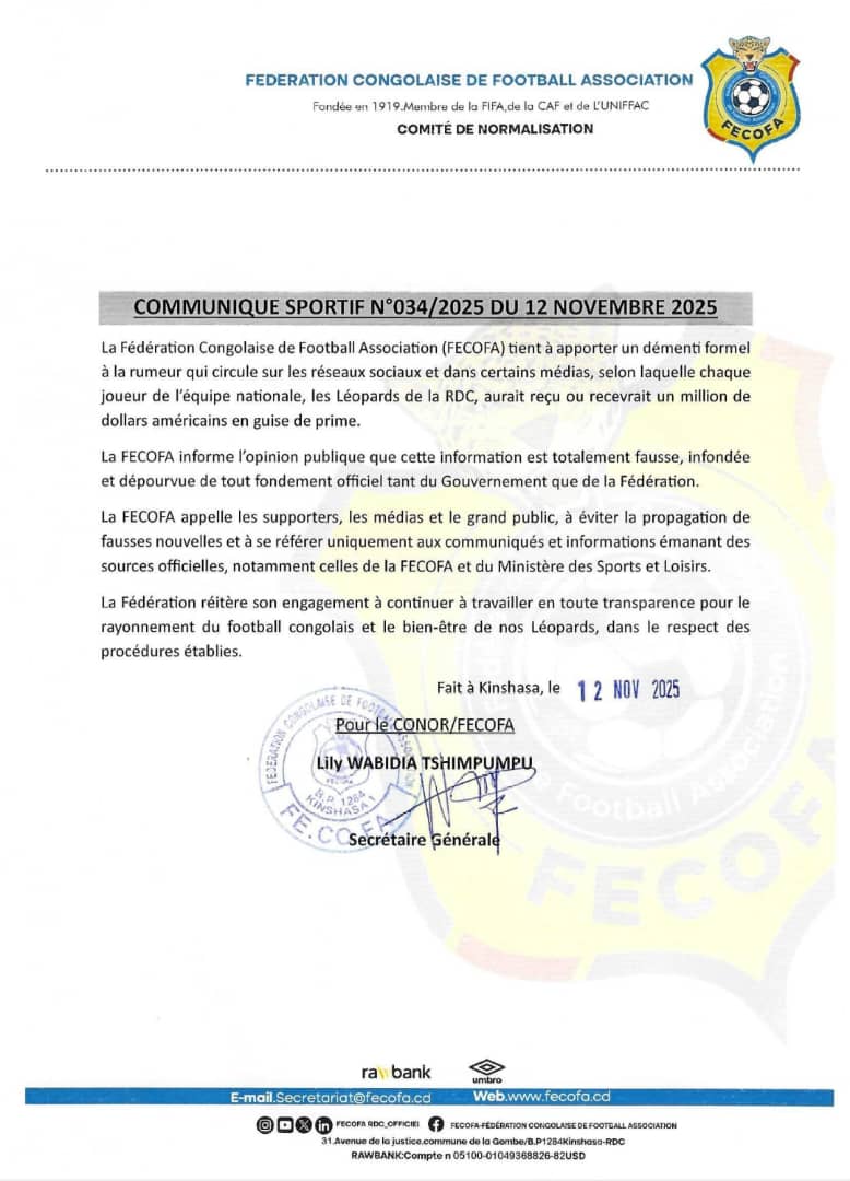 Sport : La FECOFA dément formellement la rumeur d’une prime d’un million de dollars pour les Léopards