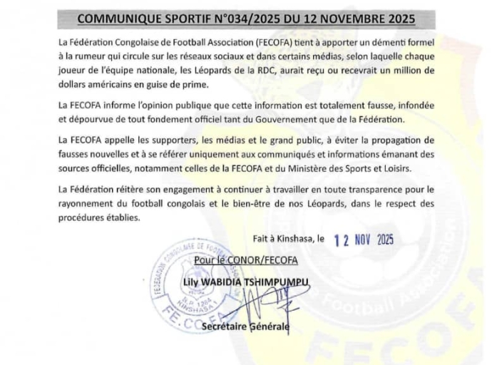 Sport : La FECOFA dément formellement la rumeur d’une prime d’un million de dollars pour les Léopards