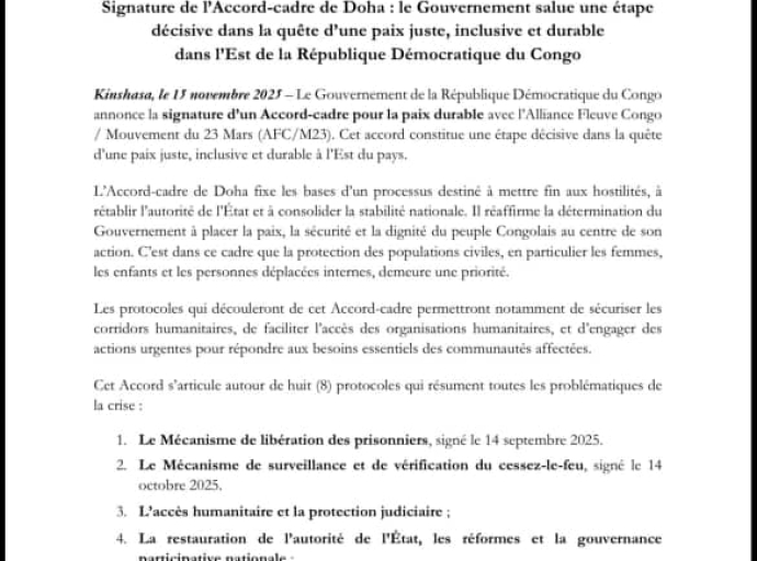 Accord-cadre de Doha : Kinshasa salue un tournant décisif vers une paix durable dans l’Est de la RDC