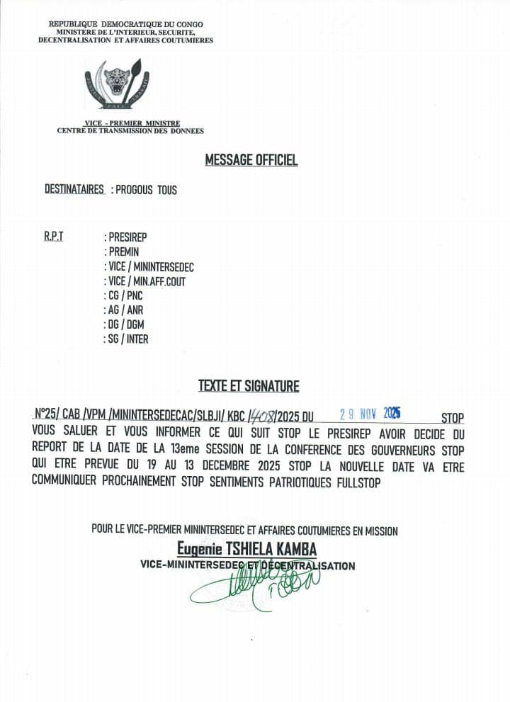 RDC : la 13ᵉ Conférence des Gouverneurs reportée sur instruction du Chef de l’État