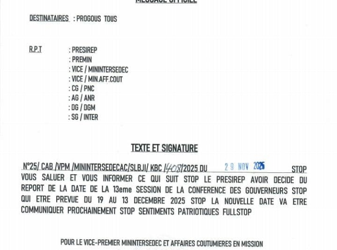 RDC : la 13ᵉ Conférence des Gouverneurs reportée sur instruction du Chef de l’État